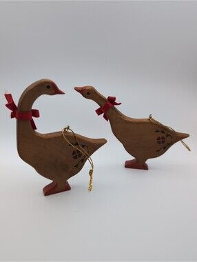 Vintage Christmas Ornaments Wooden Geese Set Of 2 Hand Painted Christmas Goose